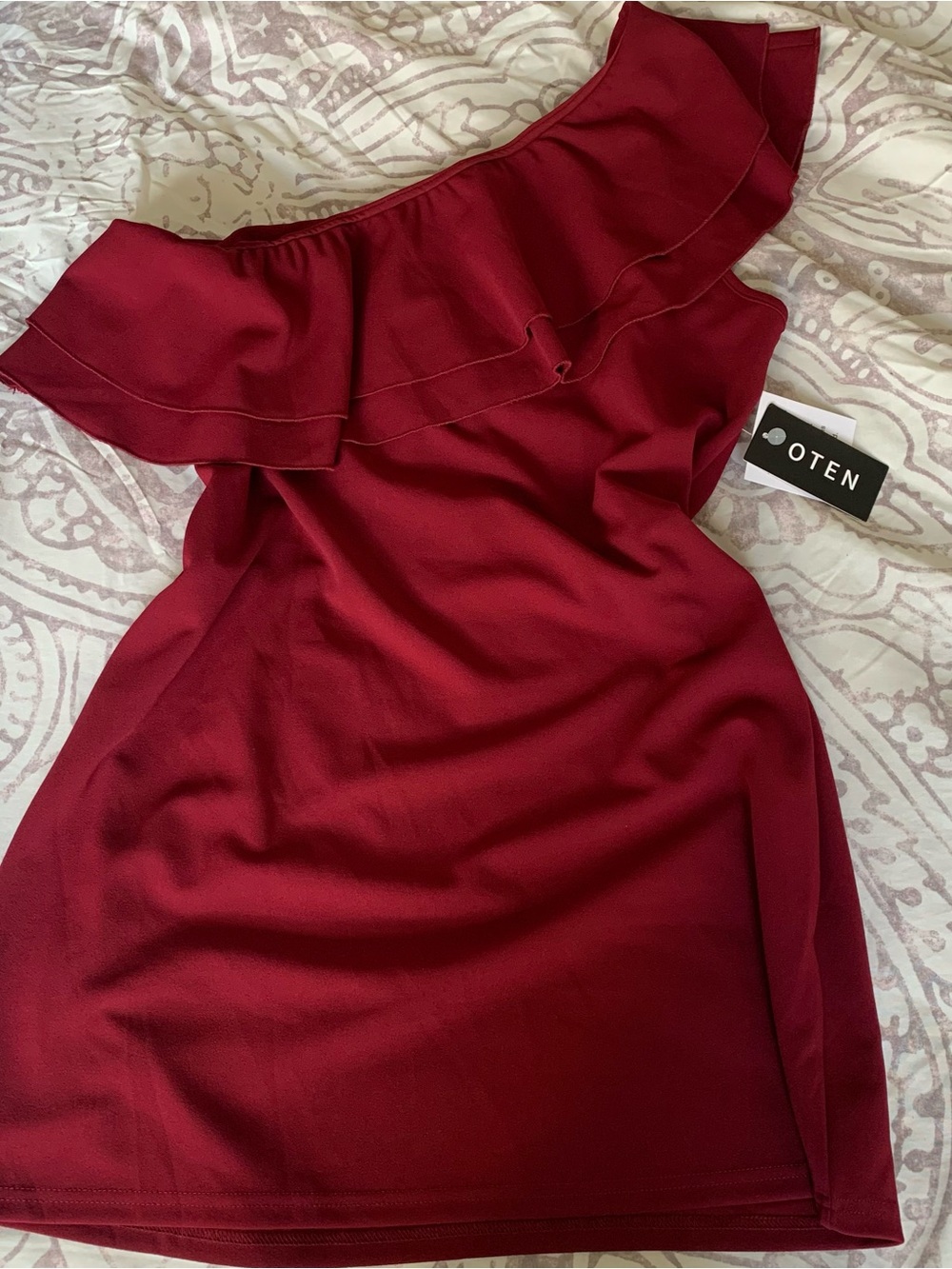 Oten One-Shoulder Ruffle Dress in Wine Red